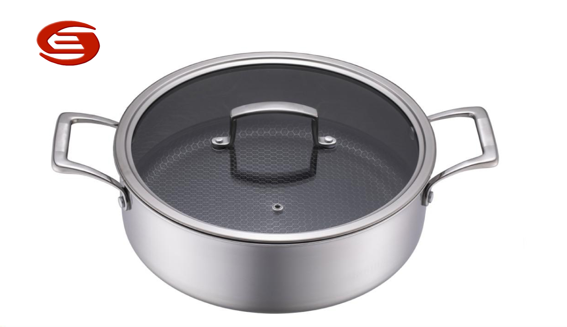 Tri-ply Stainless steel Honeycomb Non-stick Low Casserole with glass lid